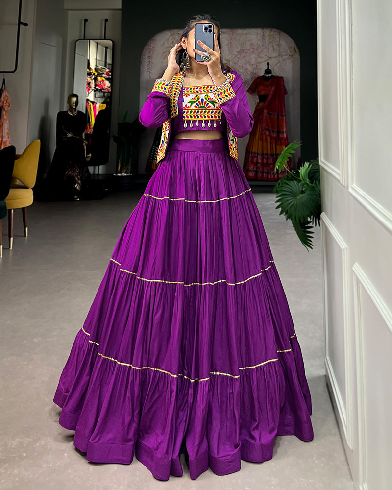 Purple Color Pure Rayon Frill And Gamthi Work Navratri Lehenga Choli