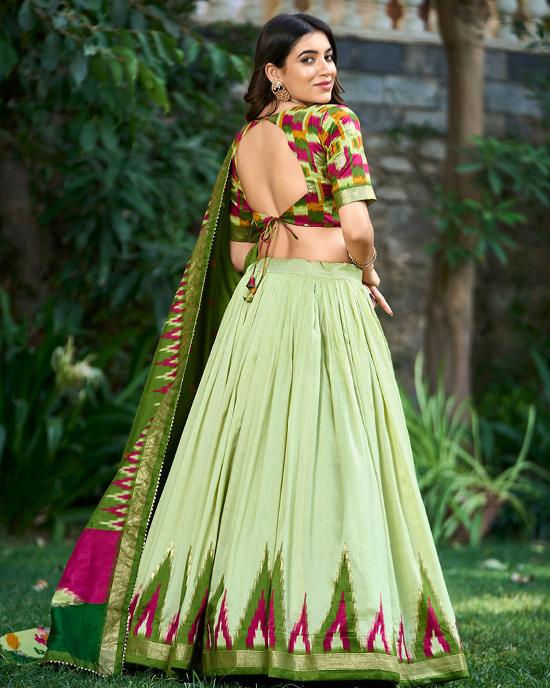 Pista Color Print With Foil Work Tussar Silk Lehenga Choli