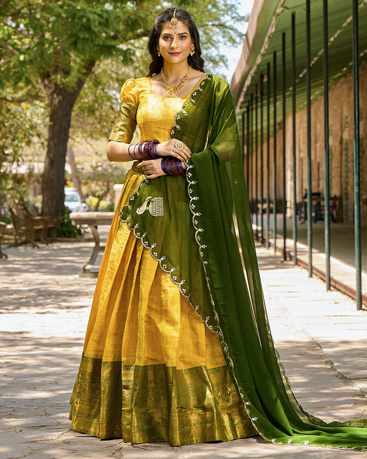 Designer Yellow Color Kanjivaram Lehenga Choli With Georgette Dupatta