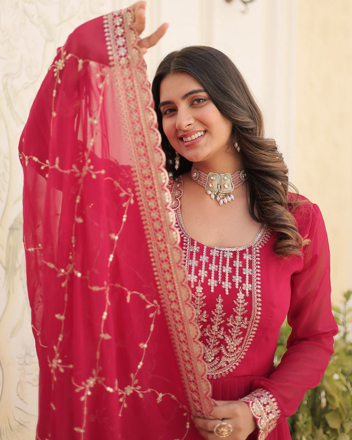 Exclusive Design Pink Color Anarkali Gown With Sequence Embroidery Dupatta