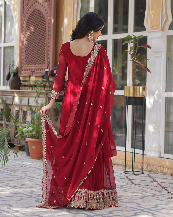 Designer Ruby Red Color Gown With Sequence Embroidered Dupatta