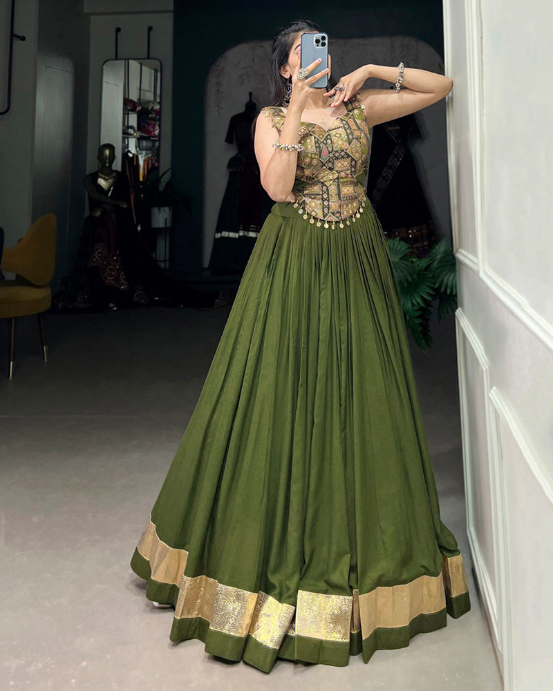 Olive Green Color Rayon Navratri Lehenga Choli