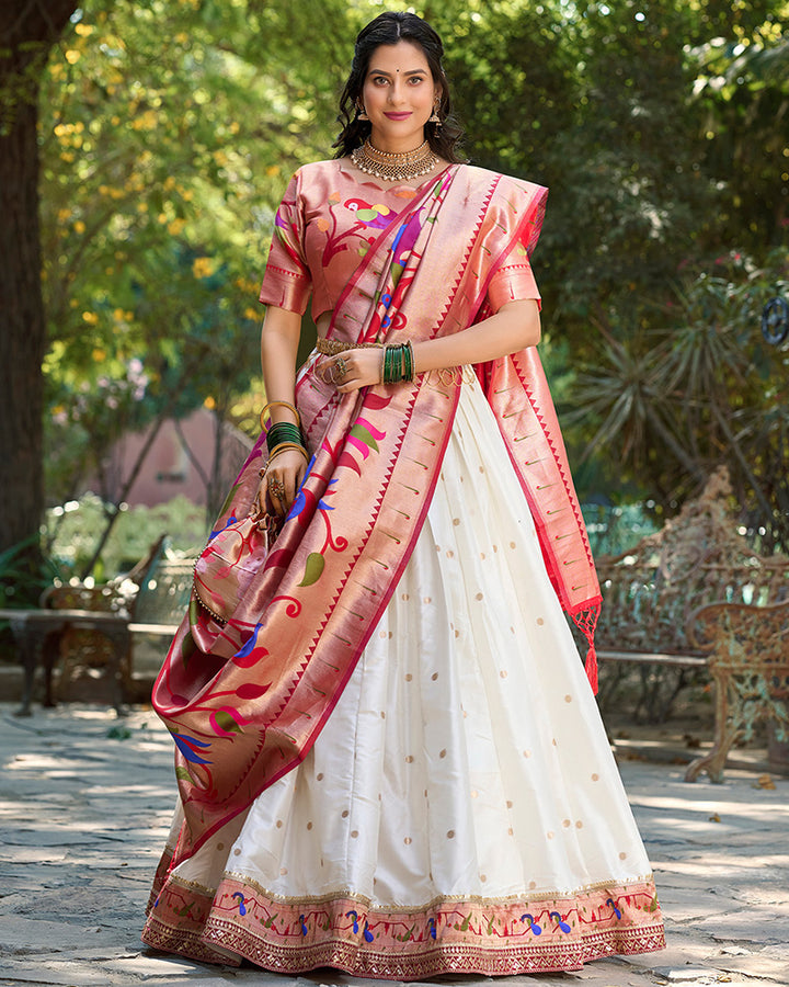 White Color Jacquard Paithani Silk Lehenga Choli