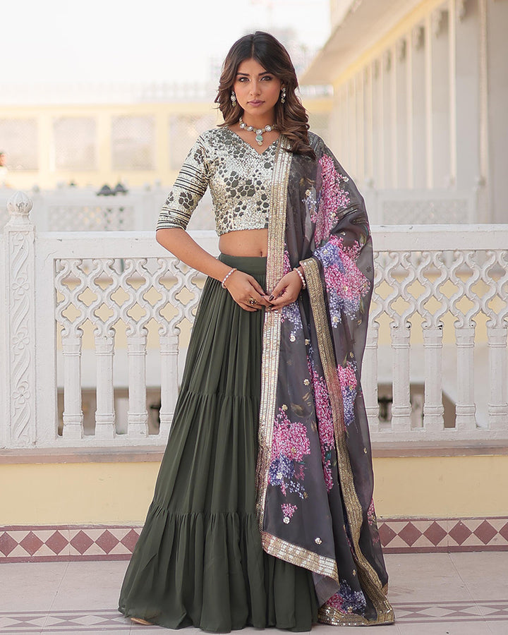 Designer Mehndi Color Faux Georgette Three Layer Lehenga Choli