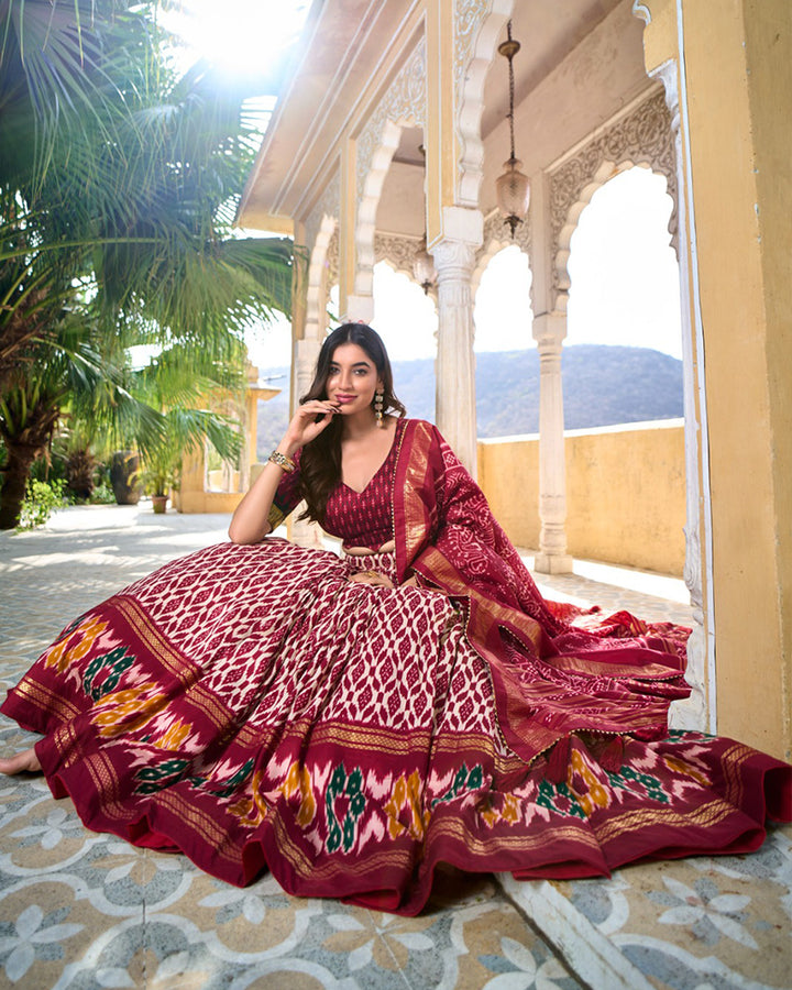 Maroon Color Tussar Silk Ikkat And Foil Work Lehenga Choli