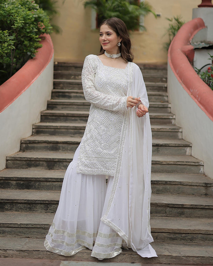 White Color Faux Georgette Three Piece Plazzo Suit