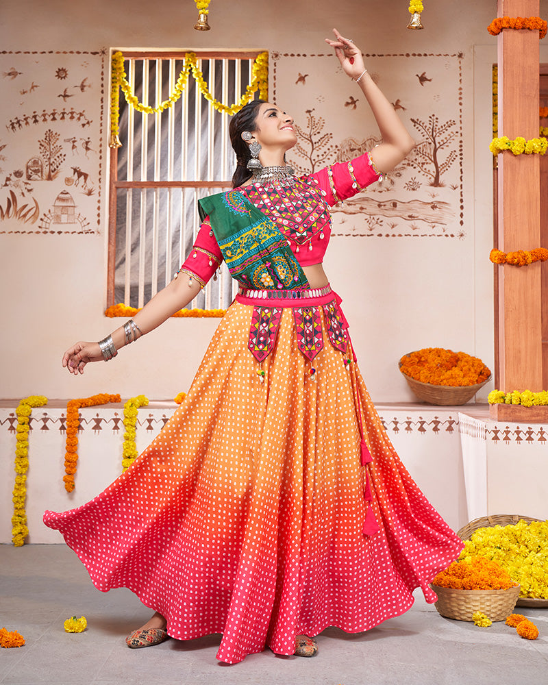 Yellow Pink Color Rayon Real Mirror Navratri Lehenga Choli With Cotton Dupatta