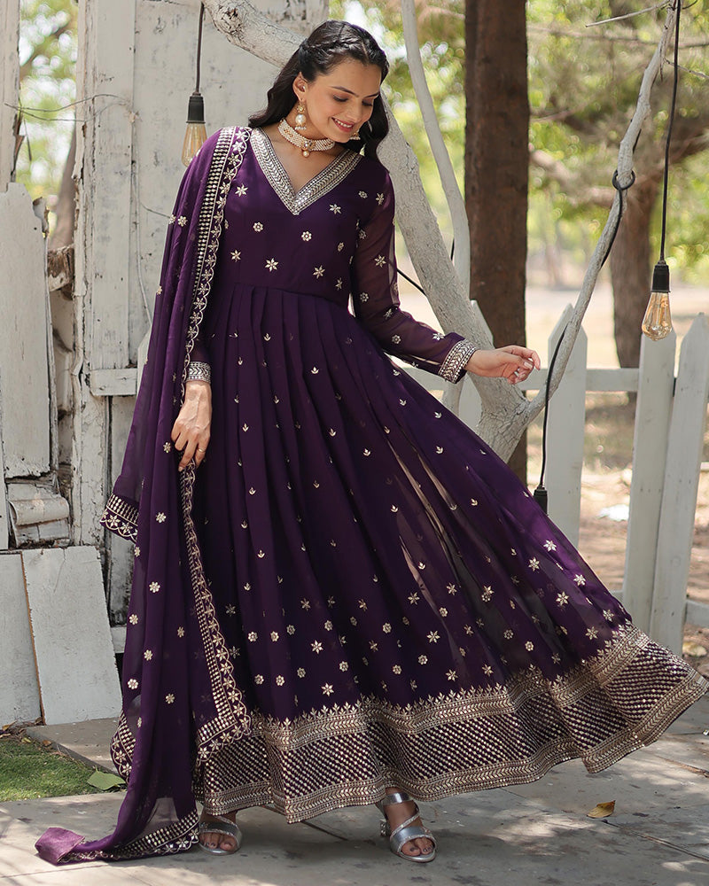 Purple Color Georgette Gown With Embroidered Dupatta