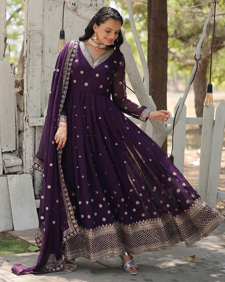 Purple Color Georgette Gown With Embroidered Dupatta