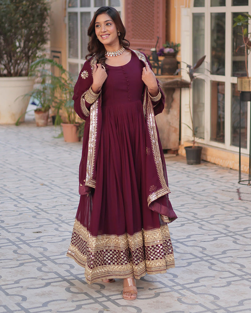 Designer Royal Maroon Color Gown With Sequence Embroidered Dupatta