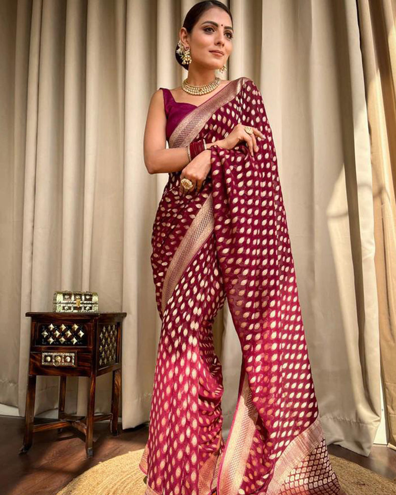 Designer Maroon Color Zari Weaving Banarasi Silk Saree