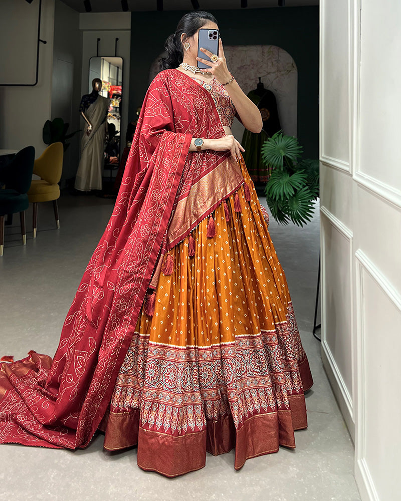 Orange Color Bandhej Print Designer Lehenga Choli