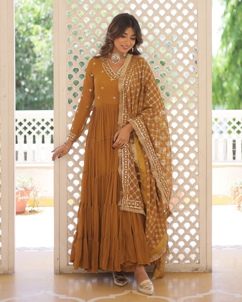 Designer Mustard Color Anarkali Gown With Embroidery Dupatta