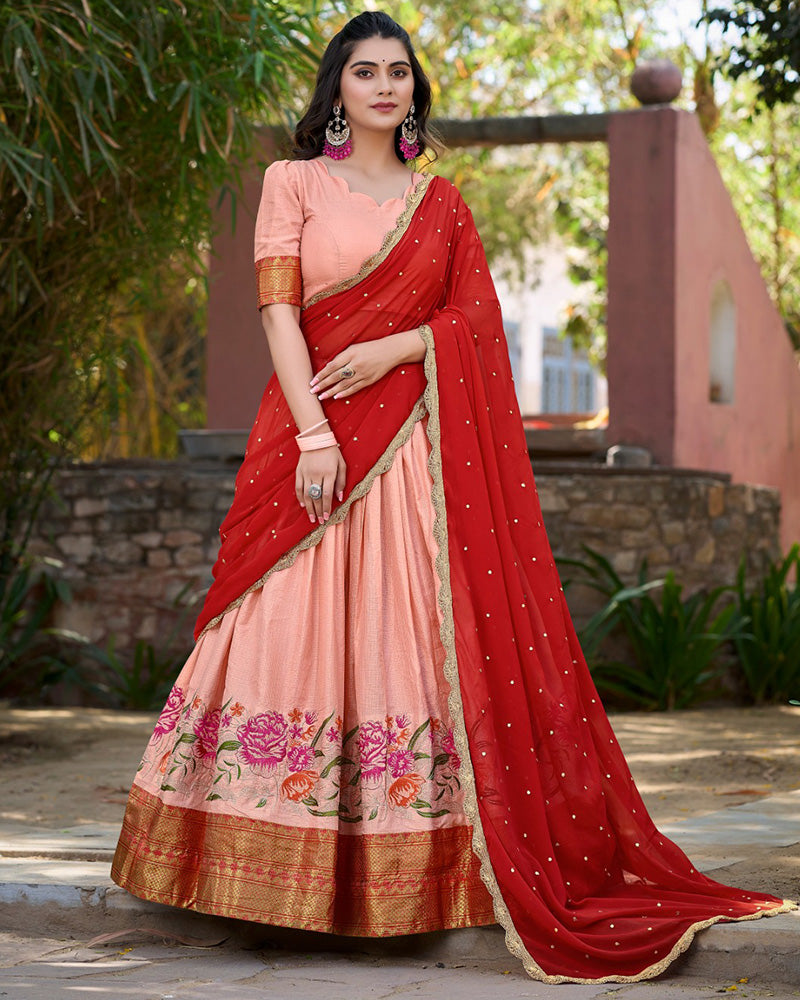 Designer Peach Color Cotton Silk Lehenga Choli