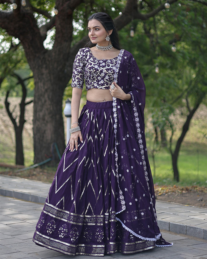 Dark Purple Color Faux Blooming With Heavy Sequence Wedding Wear Lehenga Choli