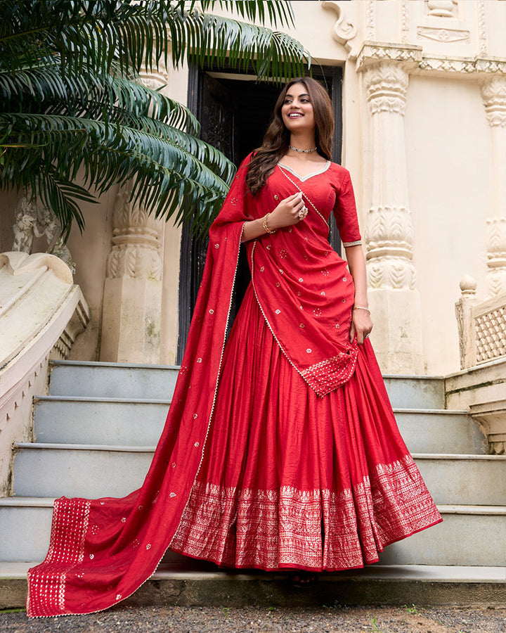 Red Color Pure Chanderi Zari Work lehenga Choli