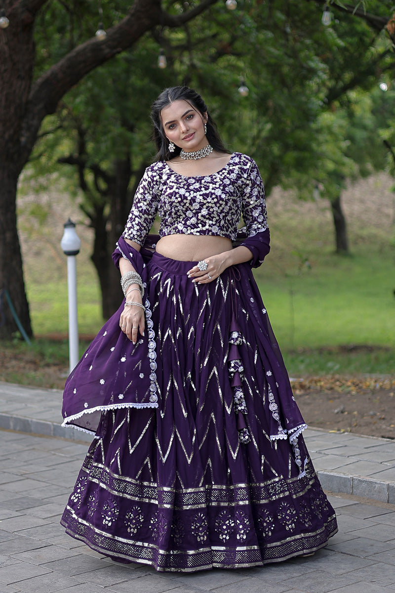 Dark Purple Color Faux Blooming With Heavy Sequence Wedding Wear Lehenga Choli