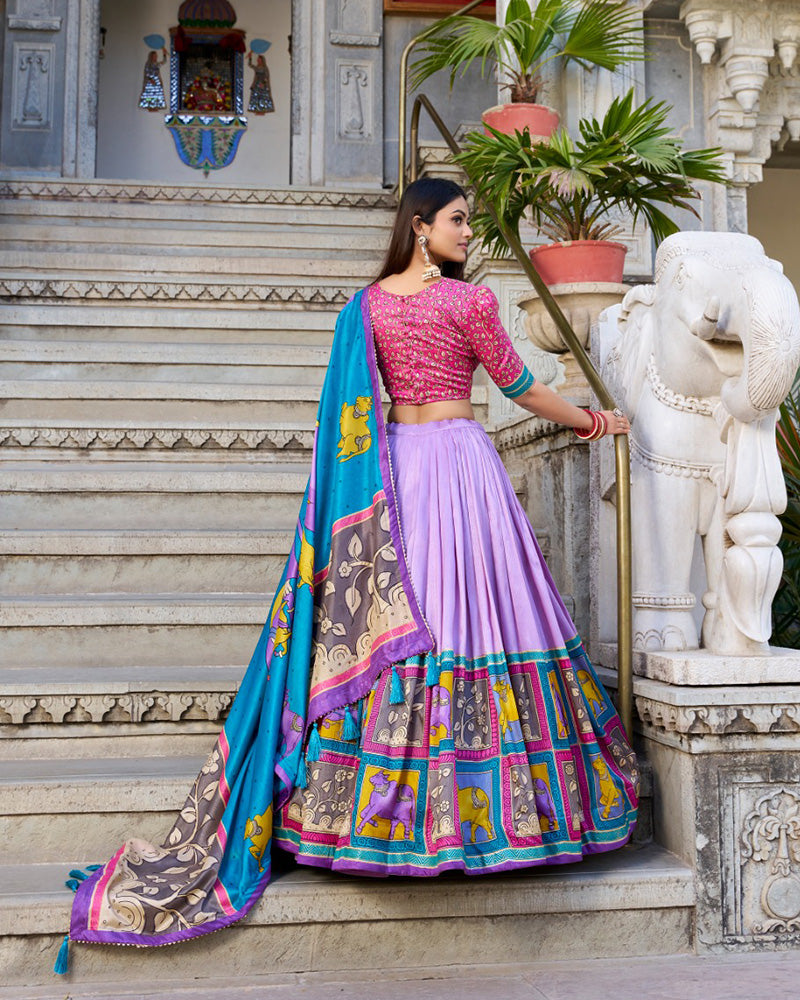 Kalamkari Printed Lavender Color Tussar Silk Lehenga Choli