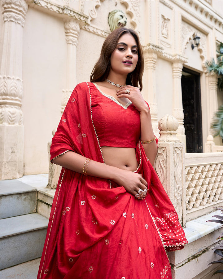 Red Color Pure Chanderi Zari Work lehenga Choli