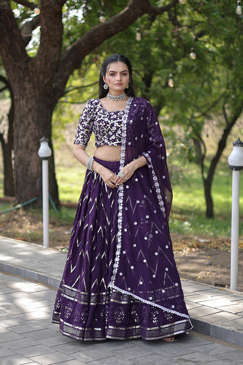 Dark Purple Color Faux Blooming With Heavy Sequence Wedding Wear Lehenga Choli