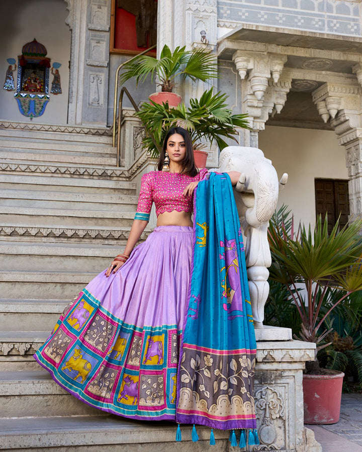 Kalamkari Printed Lavender Color Tussar Silk Lehenga Choli