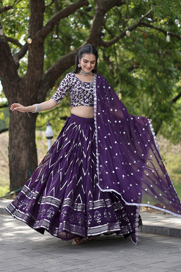 Dark Purple Color Faux Blooming With Heavy Sequence Wedding Wear Lehenga Choli