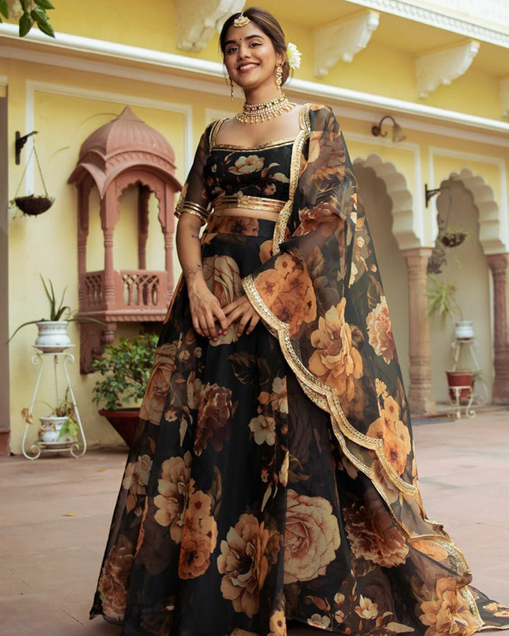 Black Color Organza Printed Lehenga Choli