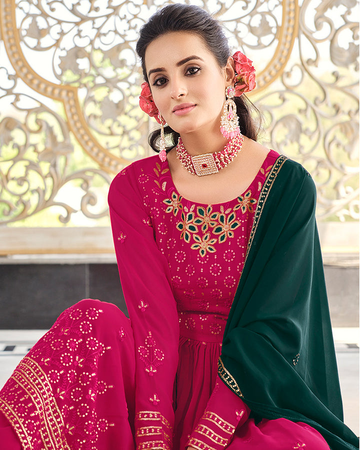 Embriodered Rani Pink Color Georgette Three Piece Palazzo Suit