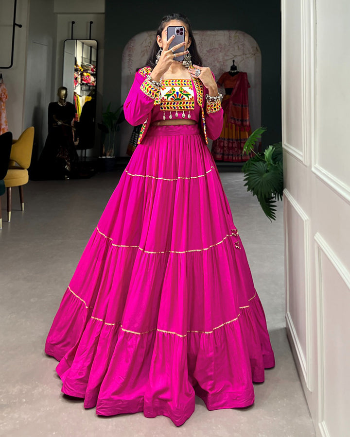 Pink Color Pure Rayon Frill And Gamthi Work Navratri Lehenga Choli