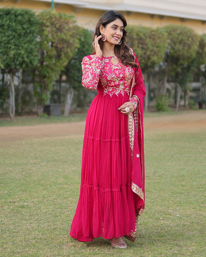 Designer Rani Pink Color Georgette Frill Anarkali Gown With Dupatta