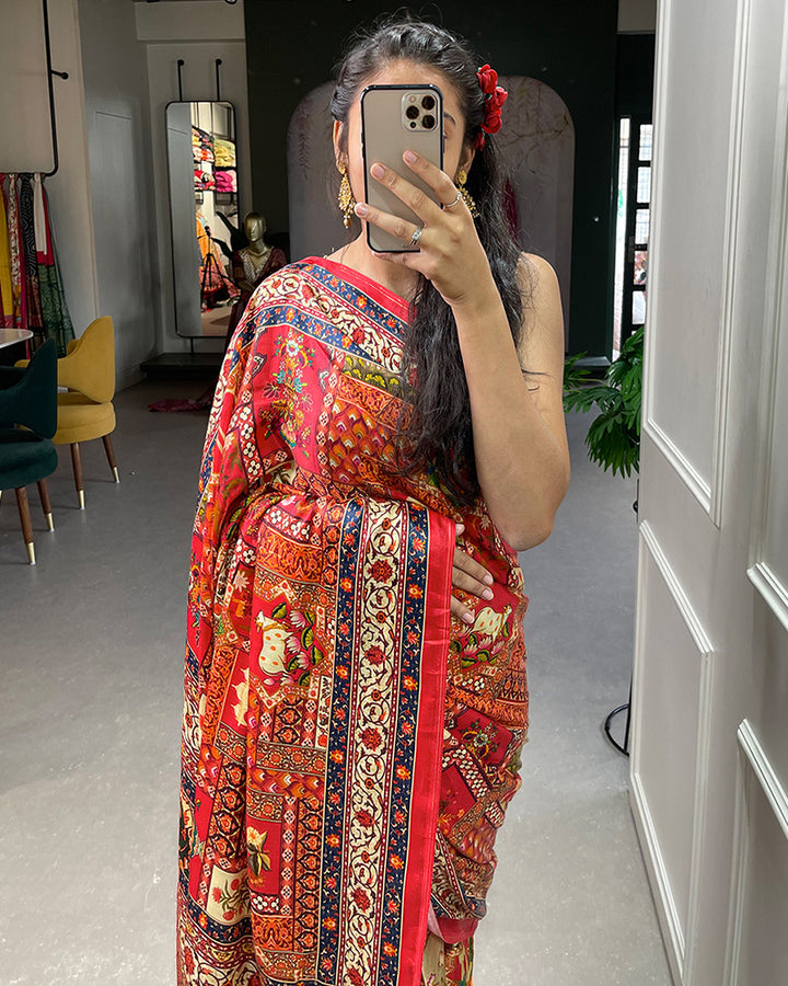 Red Color Pure Gaji Silk Lagdi Patta Patola Printed Saree