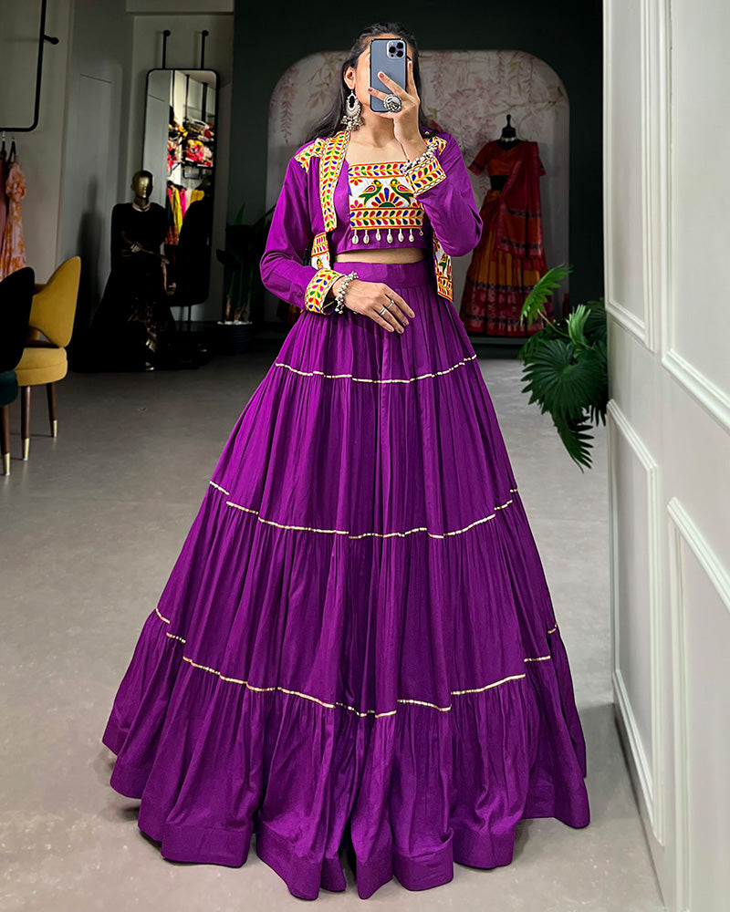 Purple Color Pure Rayon Frill And Gamthi Work Navratri Lehenga Choli