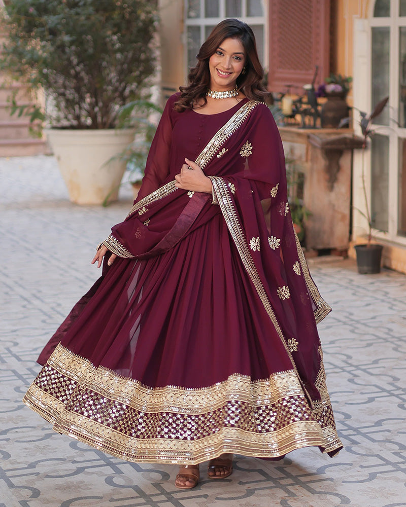 Designer Royal Maroon Color Gown With Sequence Embroidered Dupatta