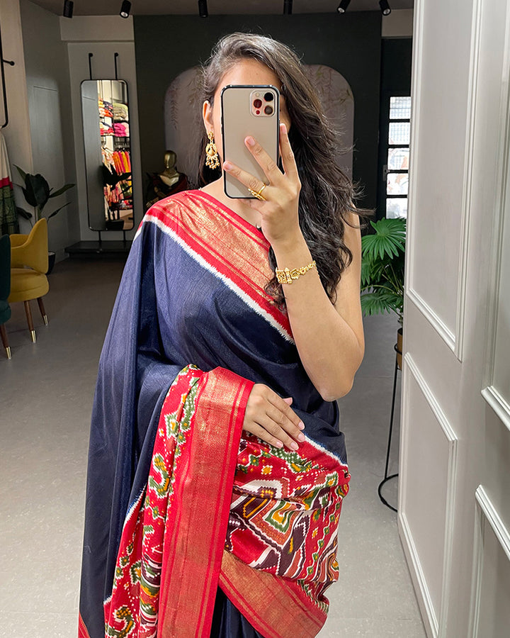 Navy Blue Color Patola Print With Foil Work Dola Silk Saree