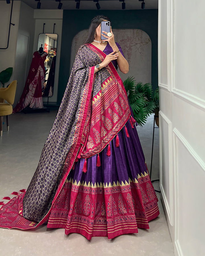 Purple Color Tussar Silk Foil Print Designer Semi Stitched Lehenga Choli