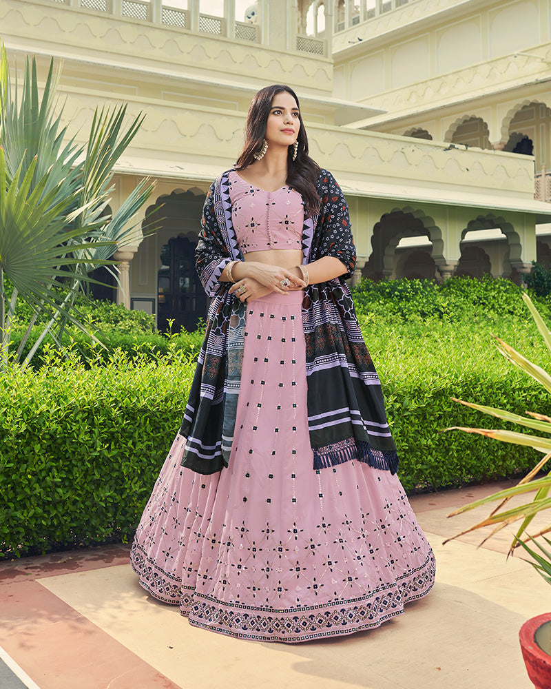 Dusty Pink Color Georgette Lehenga Choli With Cotton Dupatta