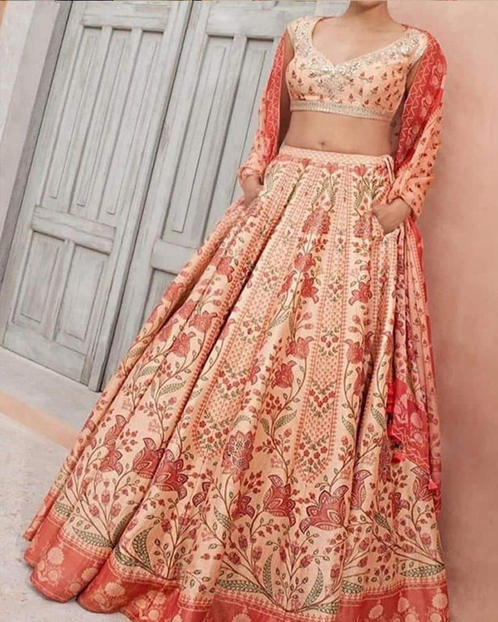 Multi Colored Mouch Satin Digital Print Lehenga Choli