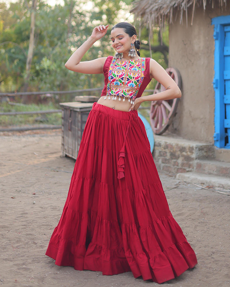 Maroon Color Rayon Frill And Embroidered Navratri Lehenga Choli