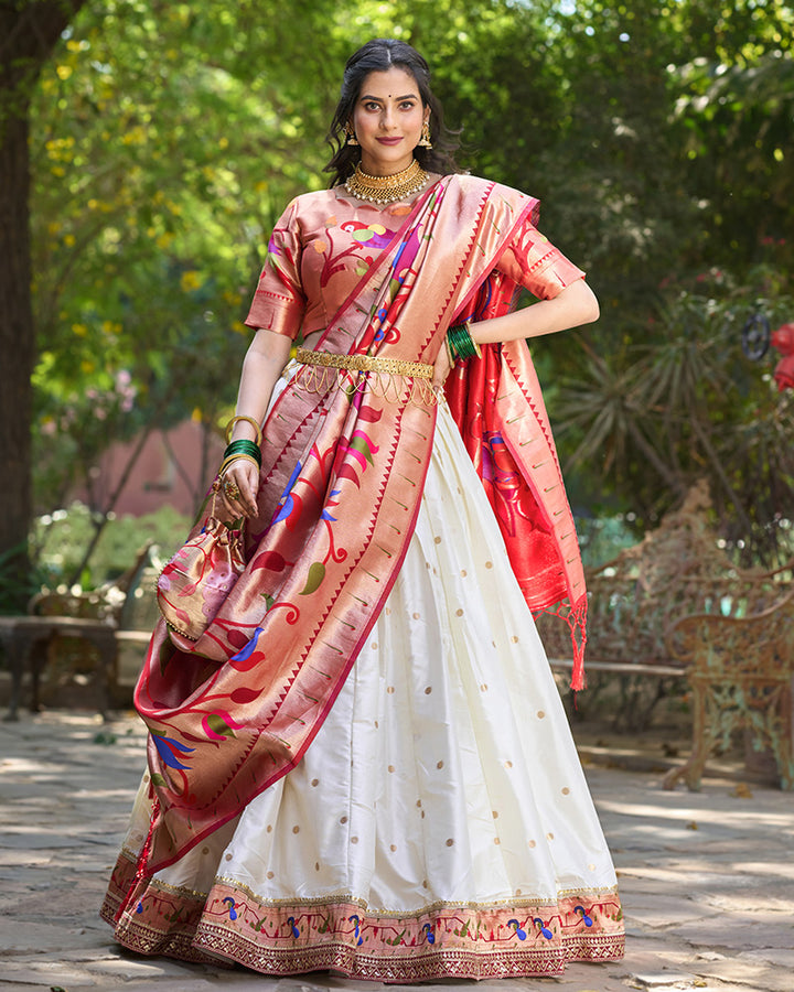 White Color Jacquard Paithani Silk Lehenga Choli