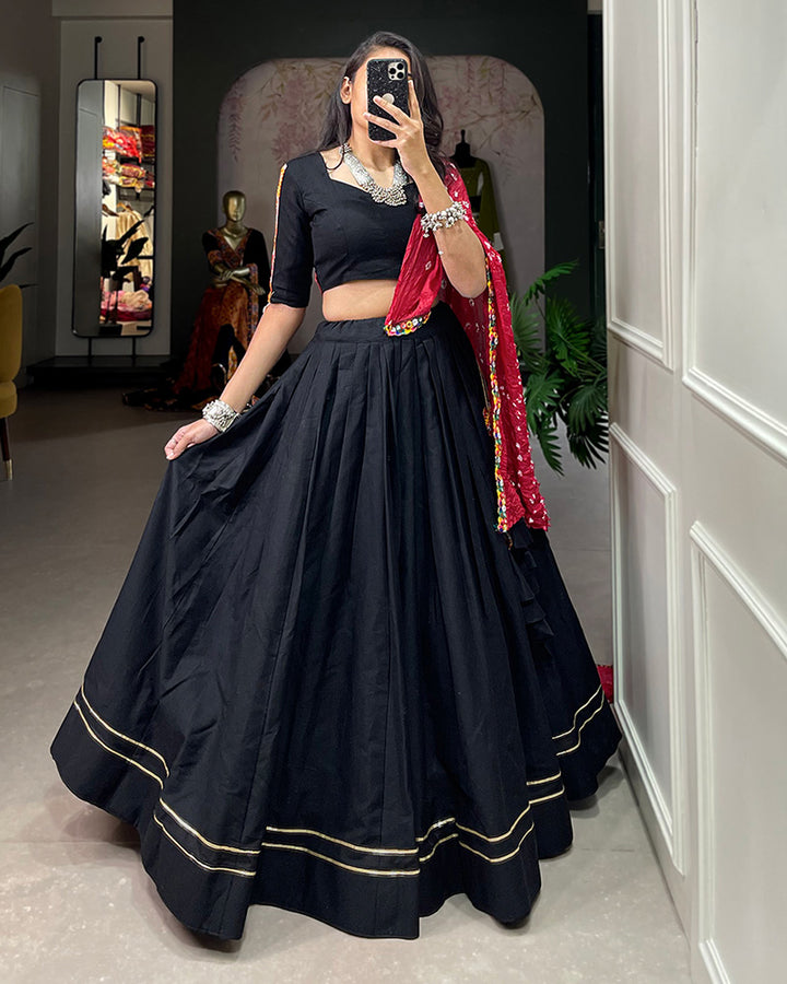 Designer Black Color Cotton Fully Stitched Lehenga Choli With Bandhej Dupatta