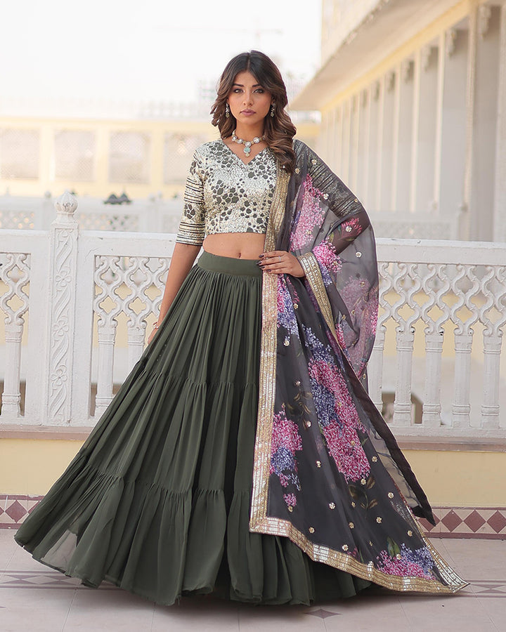 Designer Mehndi Color Faux Georgette Three Layer Lehenga Choli