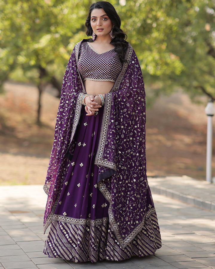 Wedding Wear Dark Purple Color Blooming Embroidered Lehenga Choli