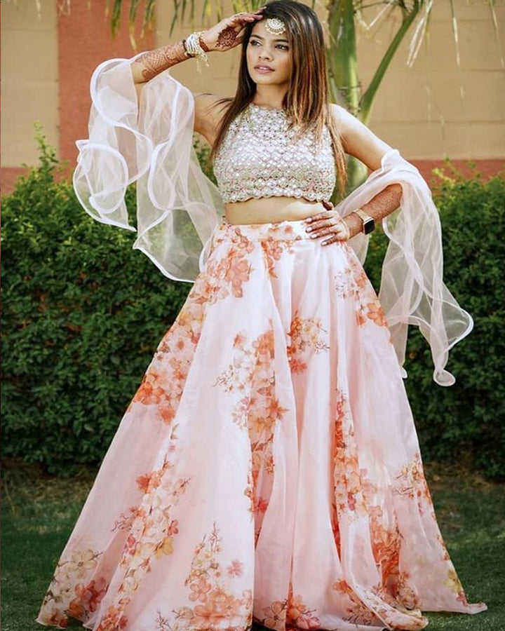 Designer Peach Organza Sequence Lehenga Choli