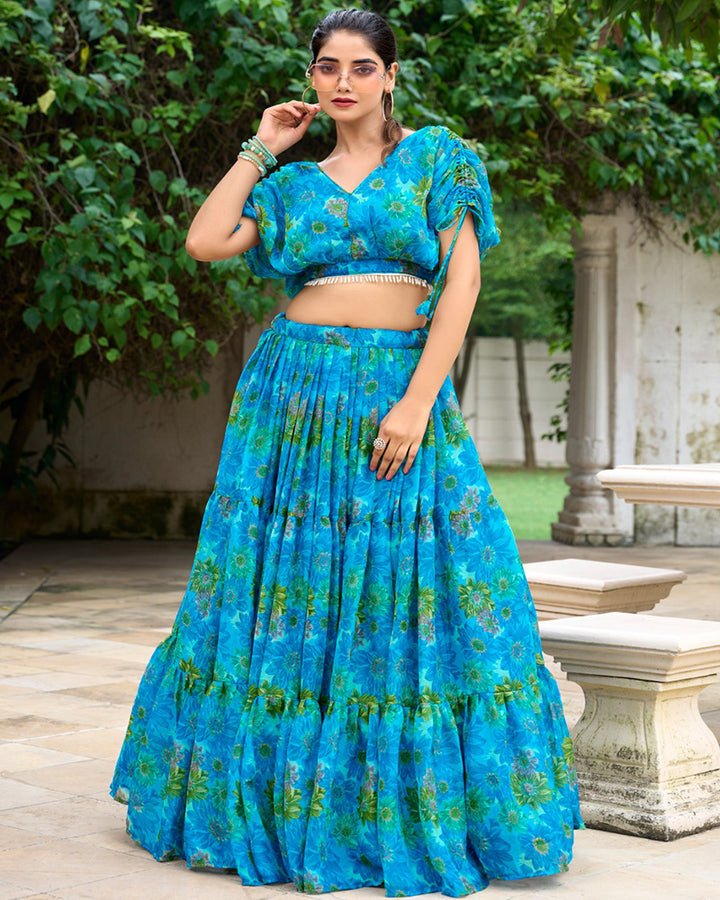 Sky Blue Color Chiffon Floral Printed Lehenga Choli