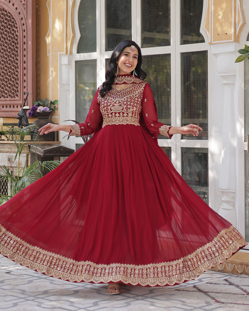 Designer Ruby Red Color Gown With Sequence Embroidered Dupatta