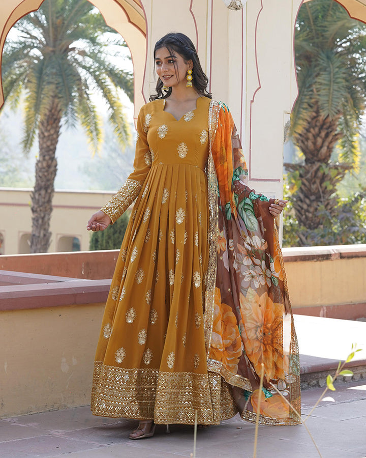 Beautiful Mustard Yellow Color Sequence Embroidered Anarkali Gown
