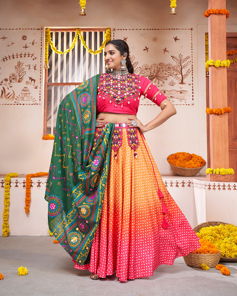 Yellow Pink Color Rayon Real Mirror Navratri Lehenga Choli With Cotton Dupatta