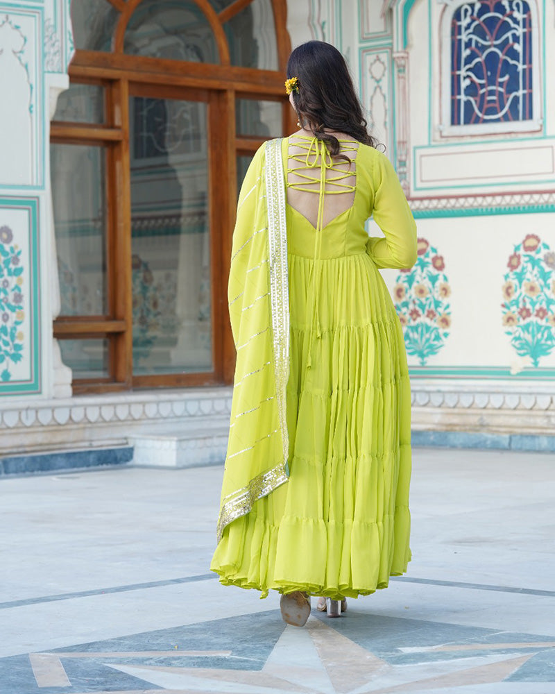 Parrot Color Georgette Frill Anarkali Gown With Heavy Dupatta Work