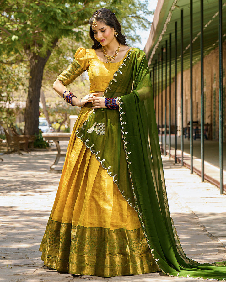 Designer Yellow Color Kanjivaram Lehenga Choli With Georgette Dupatta