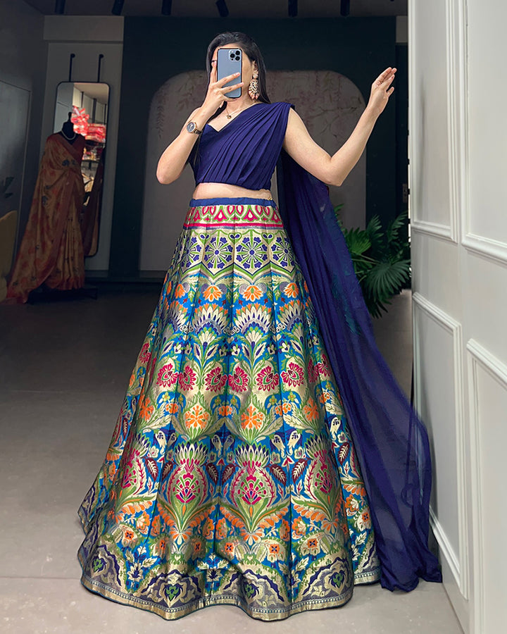 Navy Blue Color Beautiful Banarasi Silk Full Stitched Lehenga Choli